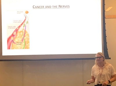 Human science senior Sara Misiukiewicz (NHS’20) delivering an oral presentation in front of a projection screen with an image and the title, "Cancer and the Nerves."