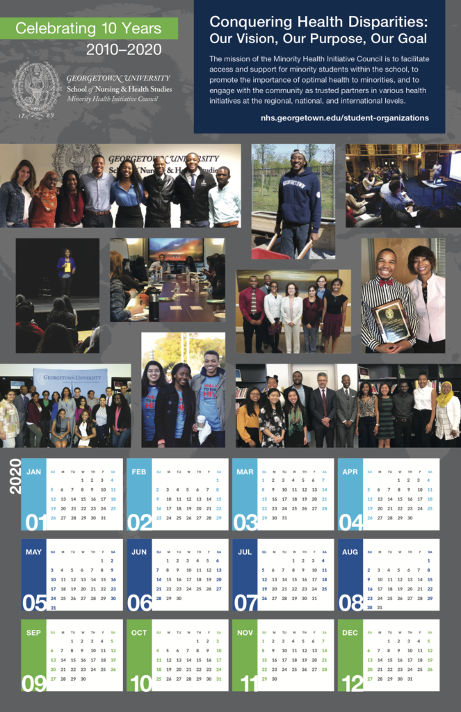 A 2020 calendar features photographs of students in various settings. The calendar celebrates the Minority Health Initiative Council's 10th anniversary.