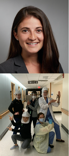 A photo collage of Dr. Nadeen Hussain's head shot and a picture of her with her team in personal protective equipment