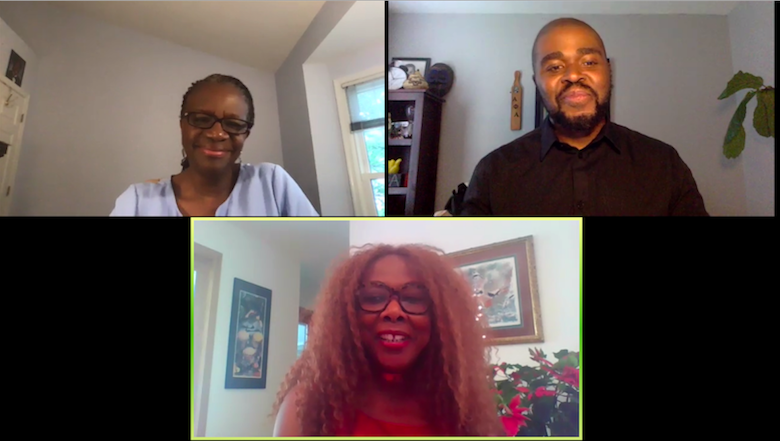 Screenshot of Zoom-based discussion with Dr. Edilma Yearwood, Dr. Christopher King, and Vice President Rosemary Kilkenny