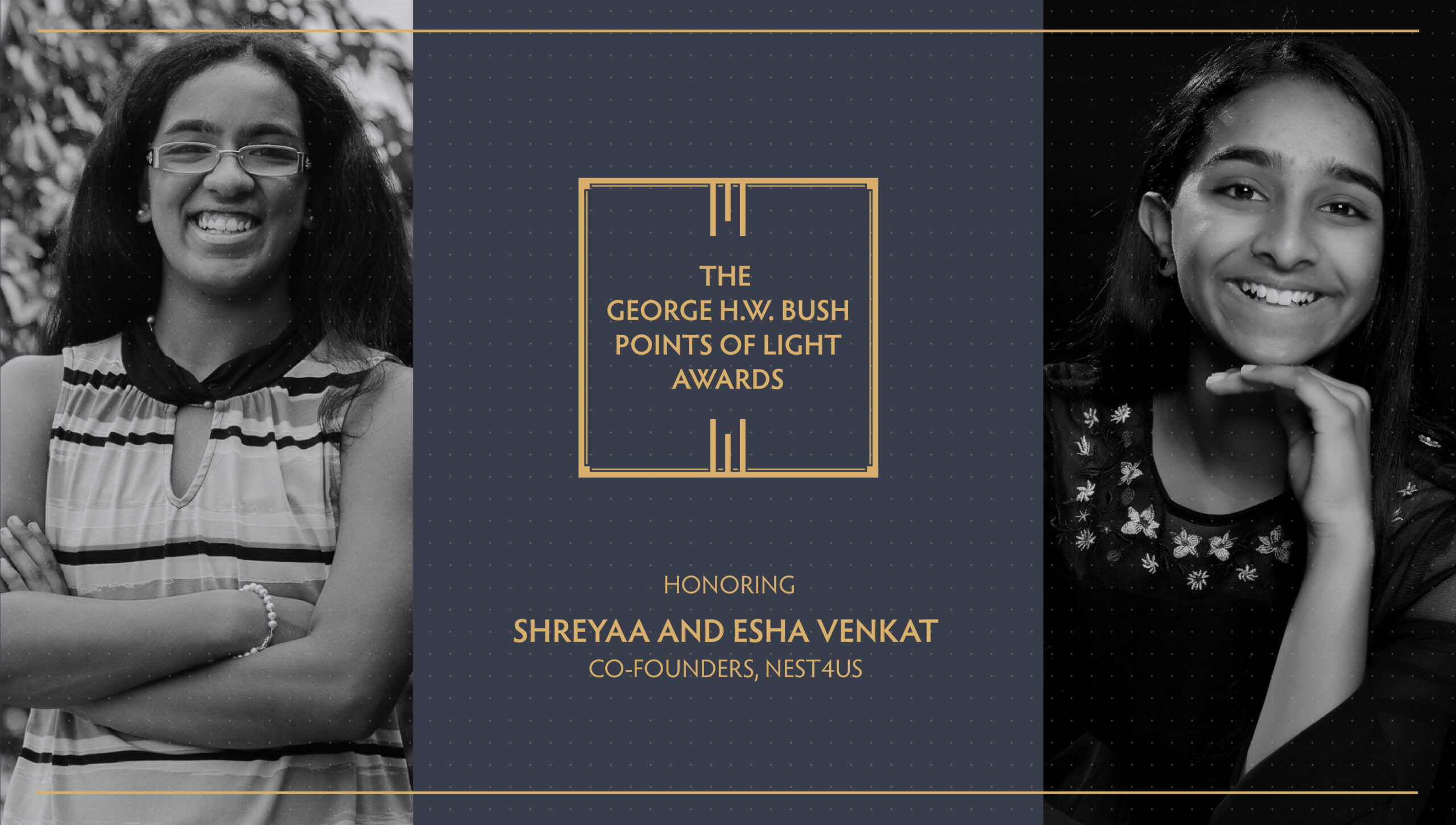 Shreyaa and Esha Venkatt in a photo collage with a Point of Light logo