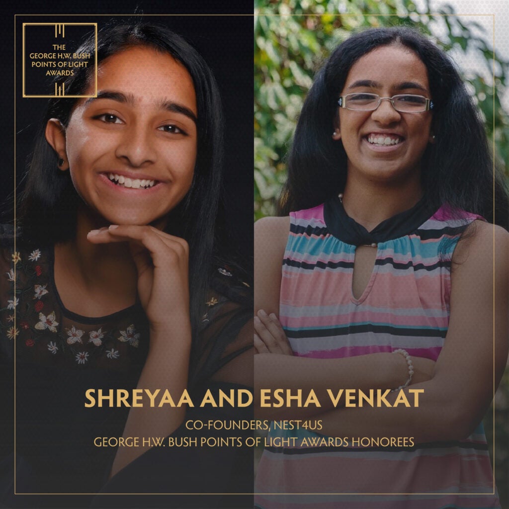 Esha and Shreyaa Venkatt in a photo collage with a Point of Light logo