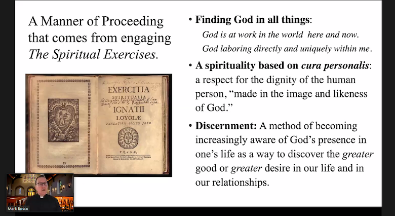This is a picture of a slide that was presented at the virtual retreat outlining themes of St. Ignatius' Spiritual Exercises including Finding God in All Things, Discernment, and spirituality