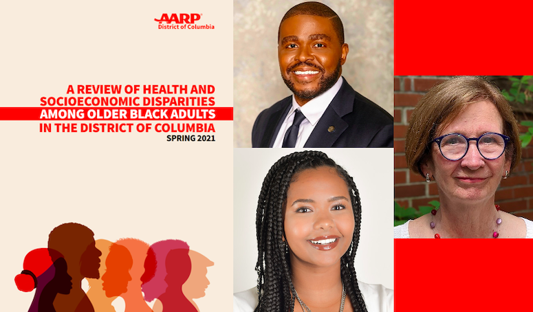 A collage, on a red background, of the cover of the new report by AARP DC and the Department of Health Systems Administration with portrait-style photos of coauthors, clockwise from top, Dr. Christopher King, Dr. Patricia Cloonan, and alumna Amelia Bedri (G'20)