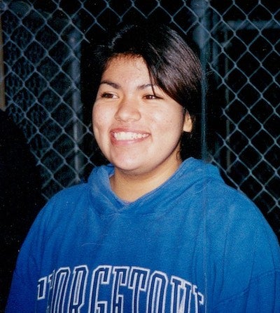 Vanessa Villaverde in a Georgetown sweatshirt