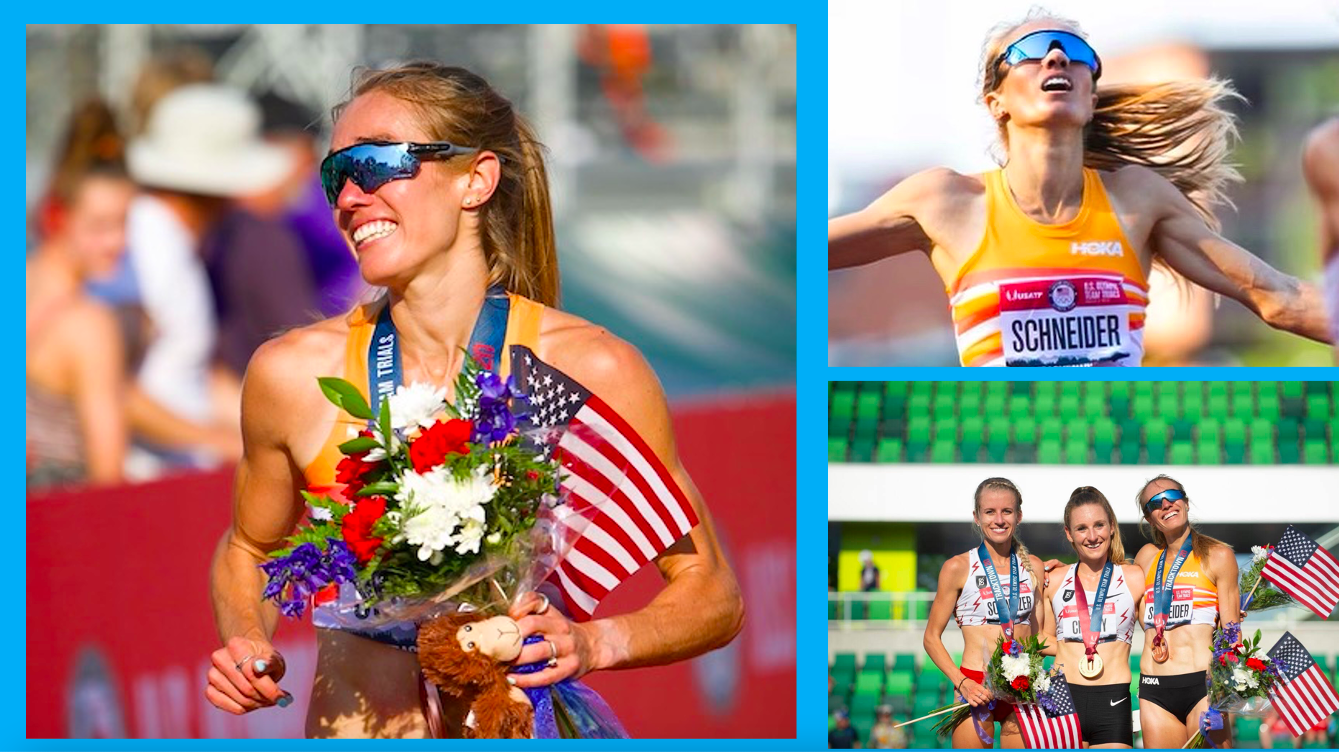 A collage of photos from the Olympic Trials featuring Rachel Schneider in track uniform smiling, crossing the finish line, and standing with other medalists