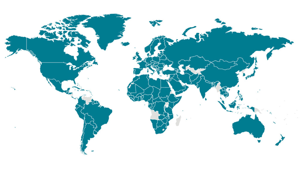 Map of the global footprint of COVID-19 in its first year