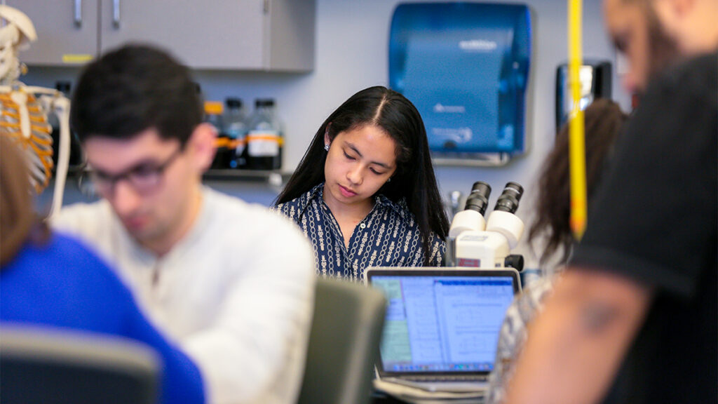 A student works on her lab amid other students