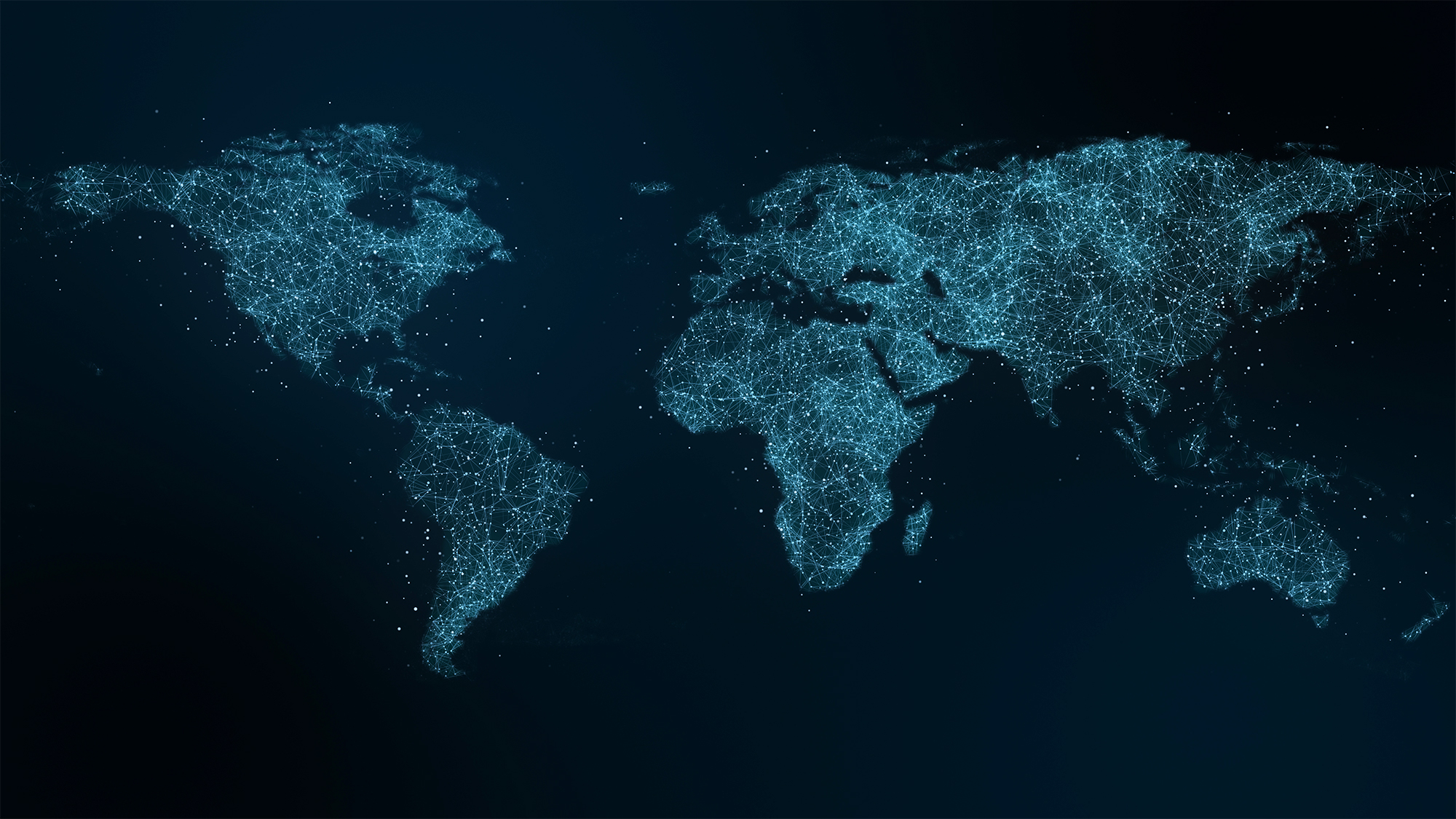 A world map with major cities depicted as points of light