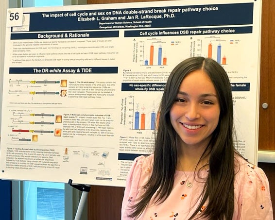 A woman stands in front of an academic poster