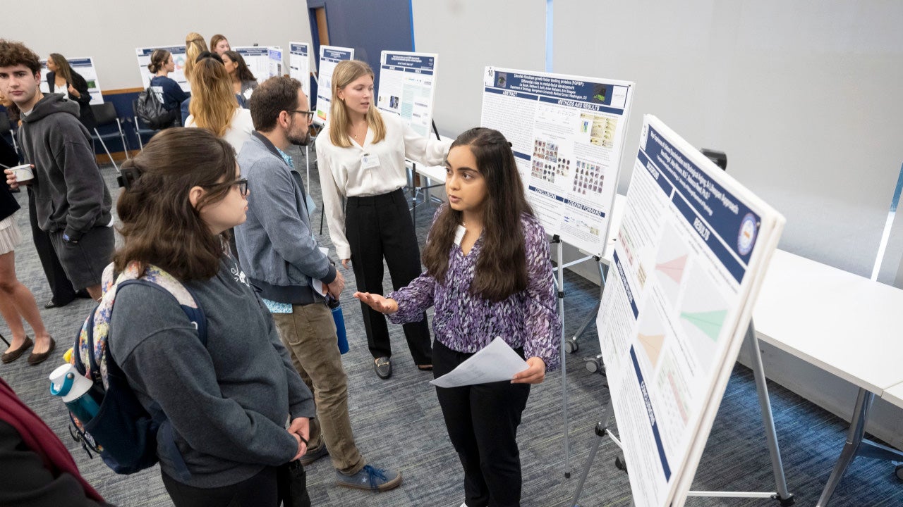 Students present poster projects to attendees at the conference
