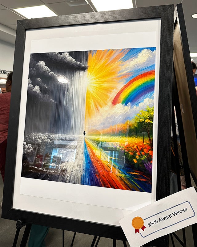A painting depicting darkness on one side and light and rainbows on the other