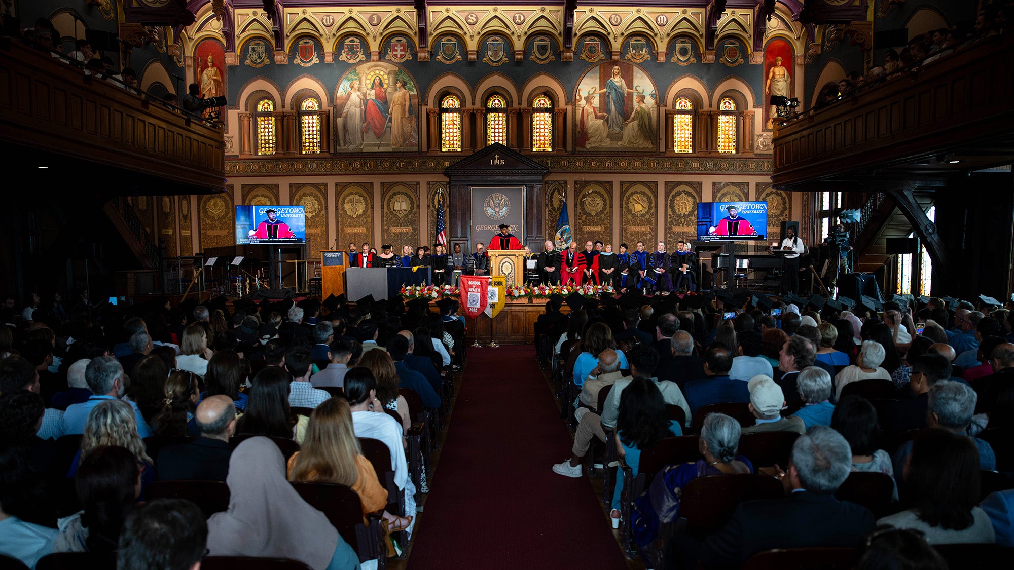 The stage in Gaston Hall during the School of Health Commencement ceremony