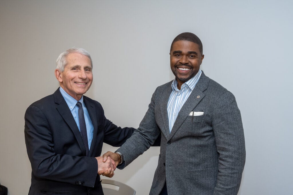 Anthony S. Fauci, MD, a Georgetown Distinguished University Professor, and Christopher J. King, PhD, MHSc, FACHE, dean of the School of Health.