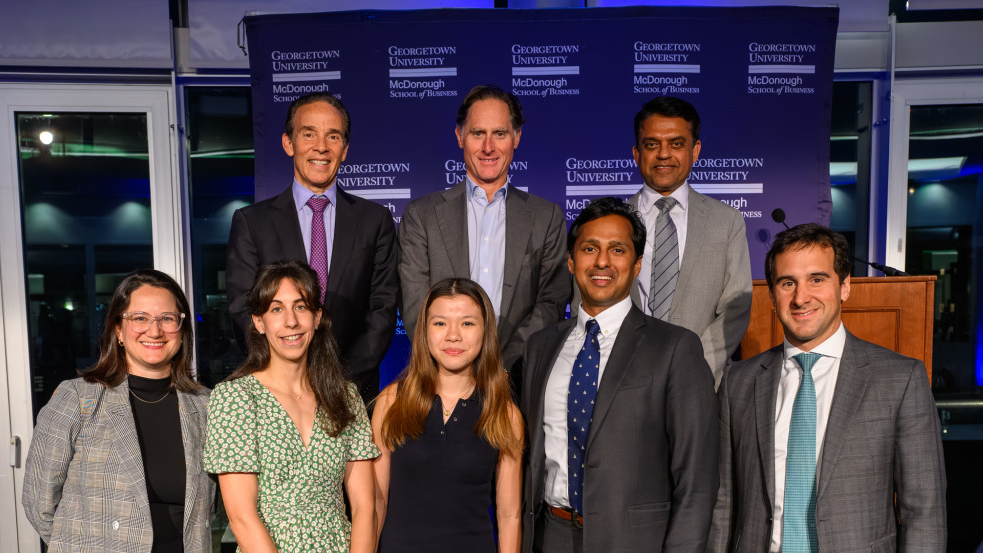 Group photo including the five winners of the inaugural Georgetown Baratta Center Global Impact Award.