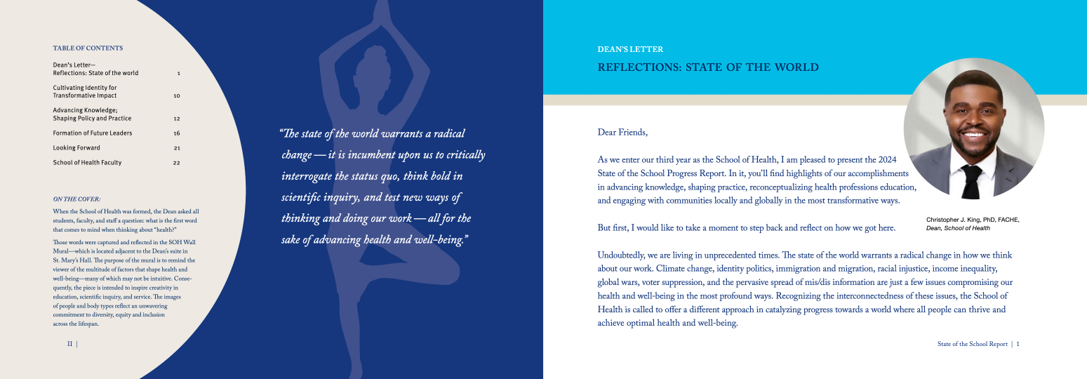 Inside pages preview of the School of Health State of the School Report