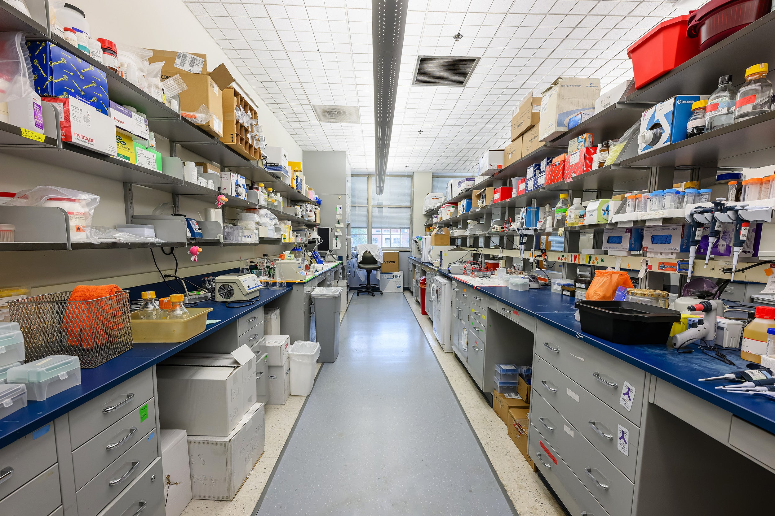 A view of the lab prep area of the Discovery Center lined with shelves of equipment