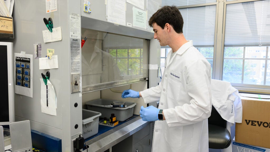 A male student works under a hood in the lab