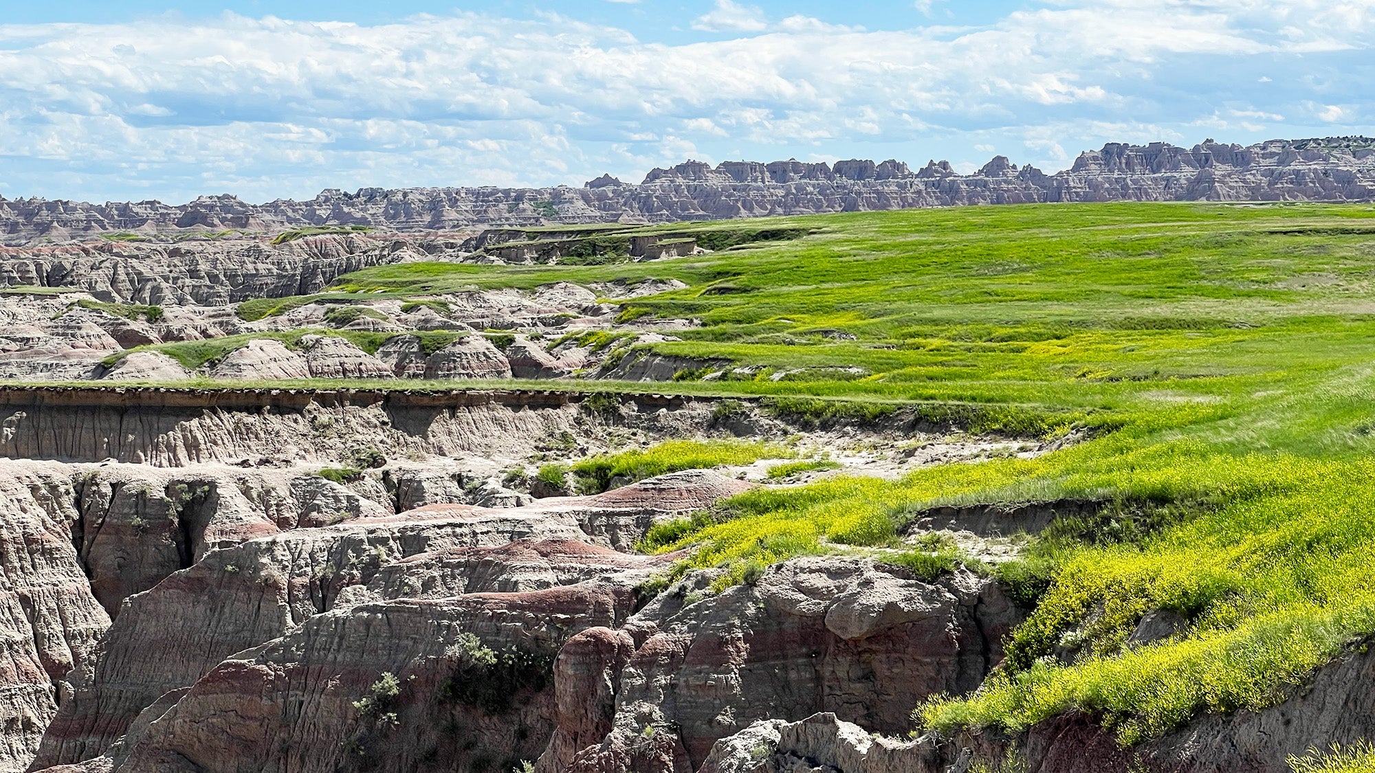 A badlands landscape of green grass giving way to deep canyons and distant mountains