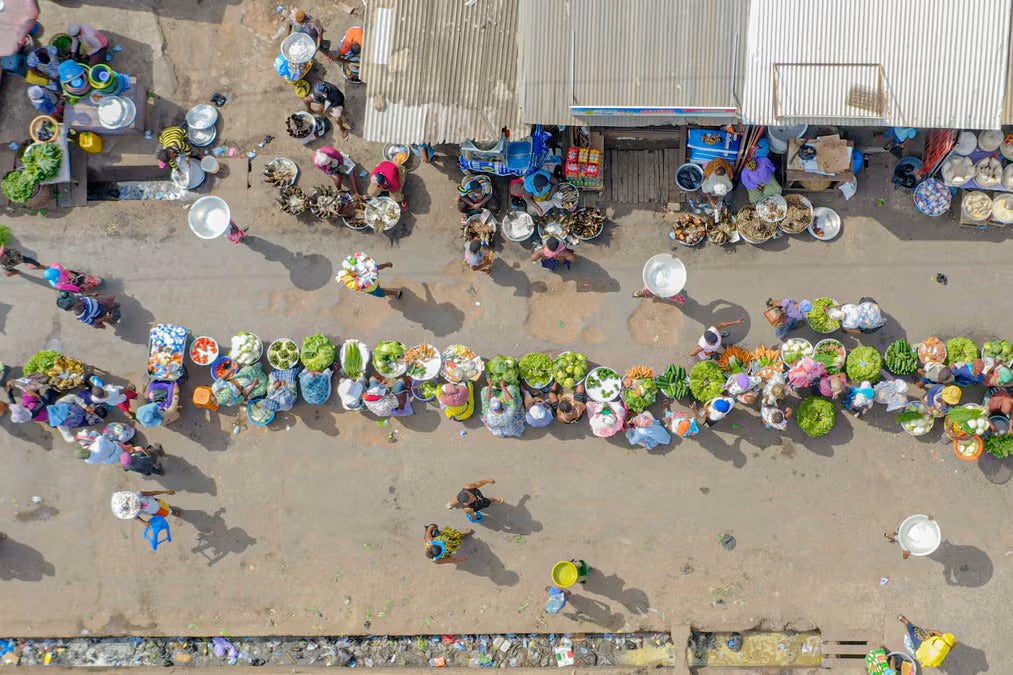 An international marketplace viewed from above