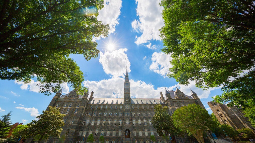 A view of Healy Hall on a bright sunny day