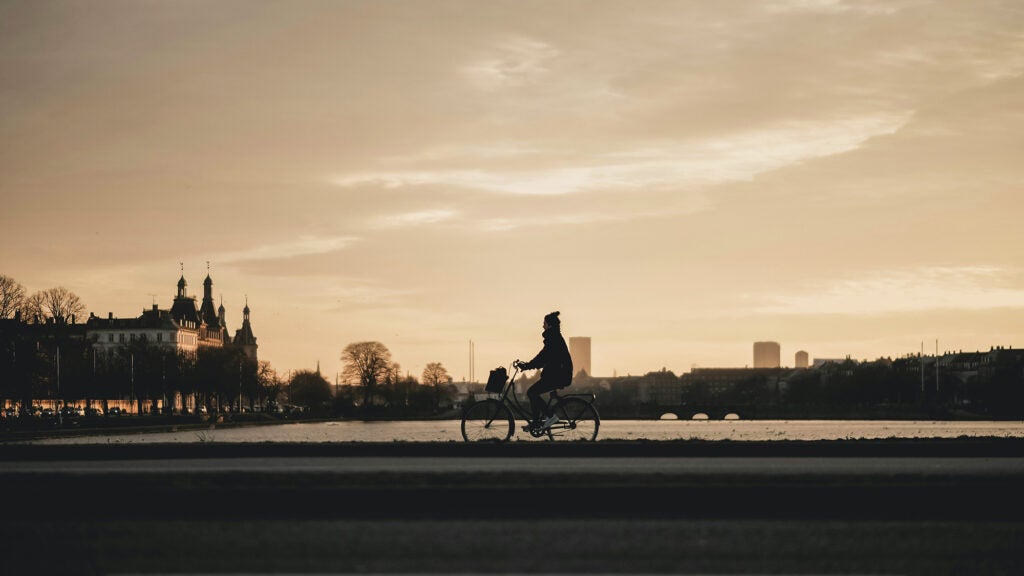 A person bikes with the Copenhagen skyline in the background