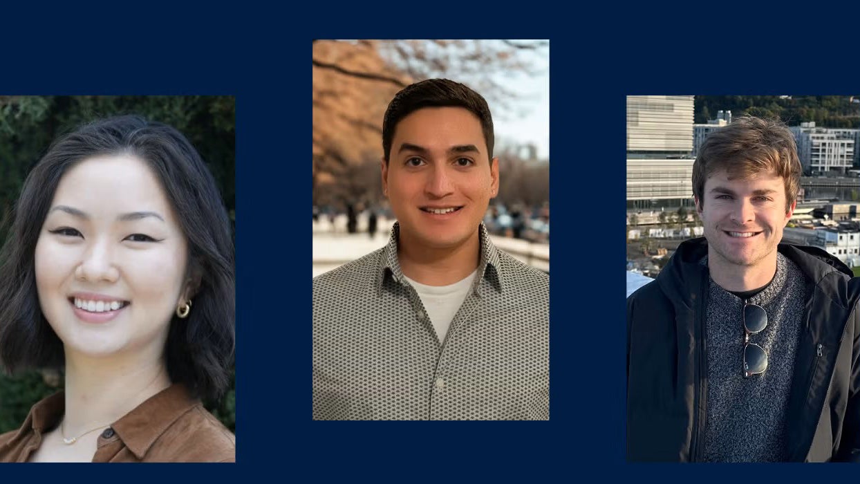 A collage of three headshots of former federal workers who are now grad students