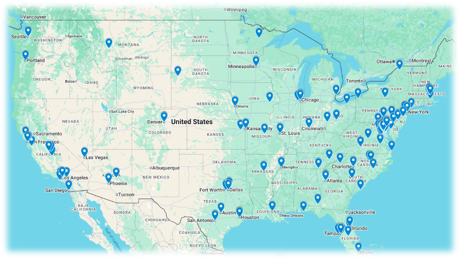 A map of the United States with blue markers indicating alumni locations