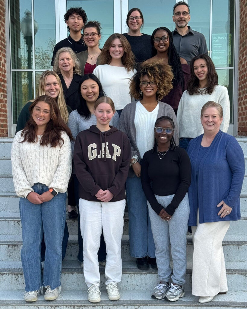 A group of School of Health Human Science students stand with Dean Padmore, Chair Pablo Irusta and another faculty member on the steps of St. Mary's Hall