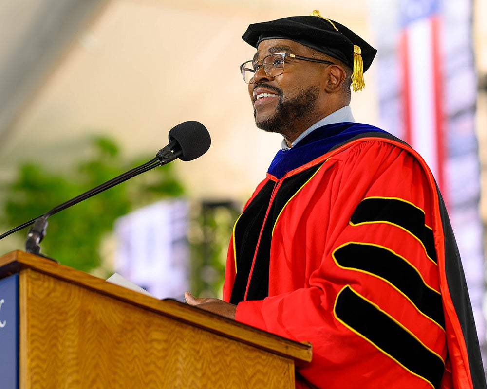 Dean King speaks from the podium at Commencement