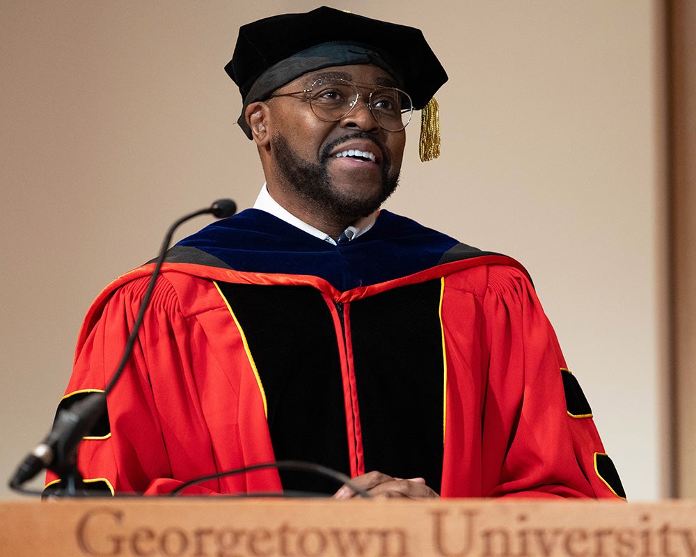 Dean King speaks from a podium